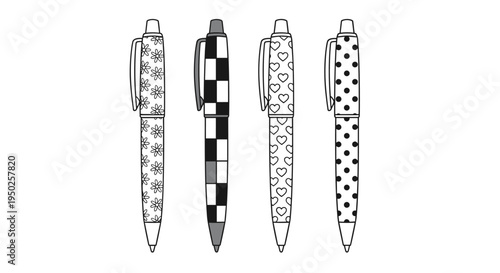 Set of four retractable ballpoint pens decorated with floral, checkered, heart, and polka dot patterns isolated on a white background.