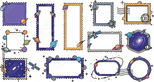 Space Themed Stamp Frames Vector Set with Planets Rockets Satellites and Galaxy Decorative Borders Cute Cosmic Frame Collection
