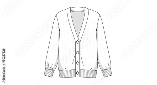 Clean black and white line art illustration of a classic V-neck cardigan sweater with buttons and ribbed cuffs on white background.