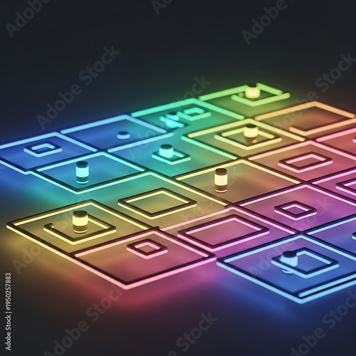 Three dimensional grid structure displays glowing colorful lights and small cylindrical elements