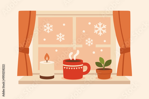 Cozy winter scene with red mug, candle, and plant on window sill with snowflakes