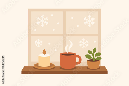 Cozy winter scene with candle, hot drink, and plant on wooden shelf by window