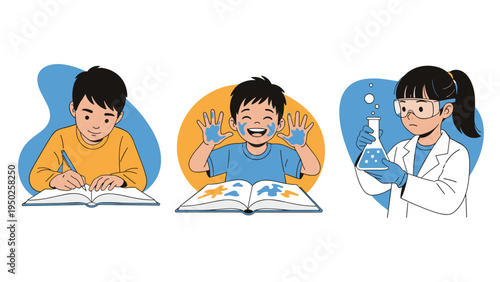 Group of children engaged in different educational activities like writing painting and conducting science experiments.