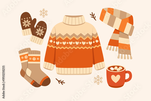 Cozy autumn knitted sweater with mittens scarf socks hot chocolate and leaf