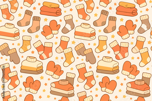 Cozy autumn pattern with sweaters, socks, and mittens in warm tones