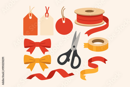 Crafting materials for gift wrapping: tags, ribbons, bows, scissors, tape