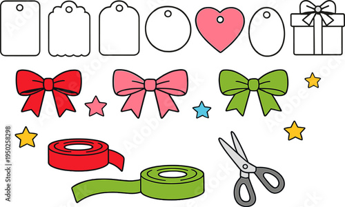Colorful gift wrapping elements with bows, tags, ribbons, and scissors