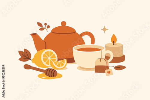 Cozy tea time setup with teapot, cup, lemon, honey, and candle