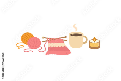 Cozy knitting scene with yarn, coffee, and candle