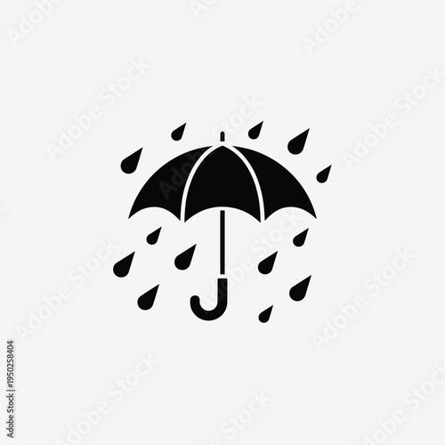 A black umbrella icon is shown with raindrops falling around it