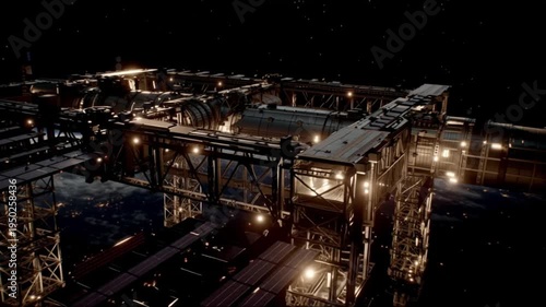 Space exploration commercial ventures. Space innovation. Orbital infrastructure. Aerospace economy. Detailed view of a futuristic space station orbiting Earth at sunrise