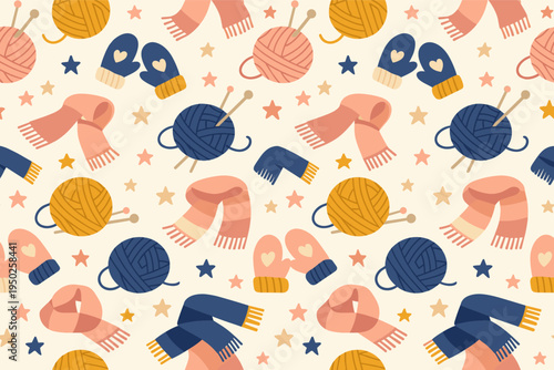 Colorful winter pattern with knitting yarn, scarves, mittens, and stars on beige background