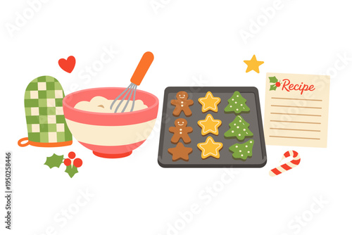 Festive cookie baking scene with gingerbread and holiday decorations