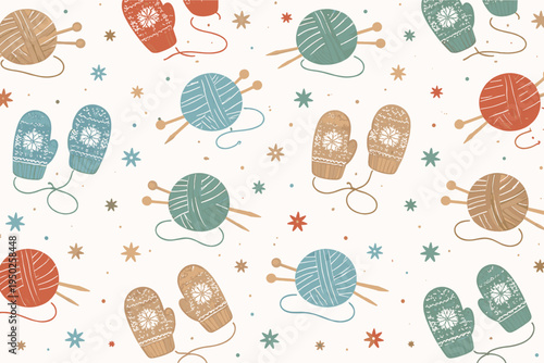 Colorful knitting pattern with mittens and yarn balls on cream background