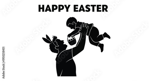 Father wearing bunny ears lifting joyful child holding Easter basket in festive vector illustration