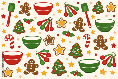 Festive christmas cookie and utensil pattern with gingerbread men and candy canes