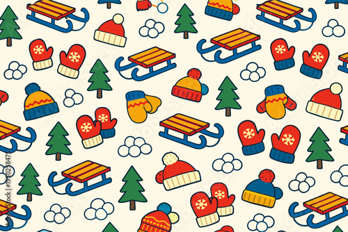 Winter pattern with sleds, mittens, hats, trees, and snowballs