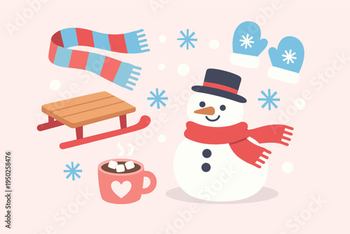Winter fun with snowman, sled, mittens, scarf, and hot cocoa on snowy day
