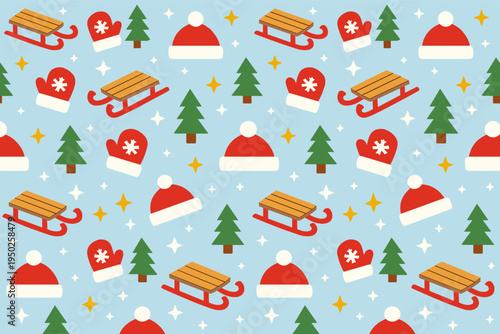 Festive winter pattern with sleds, santa hats, and evergreens on blue background