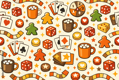 Colorful board game elements and patterns with dice and cards
