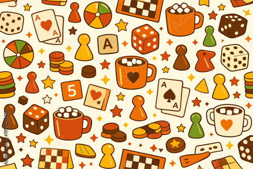 Colorful board game pattern with dice, cards, and mugs