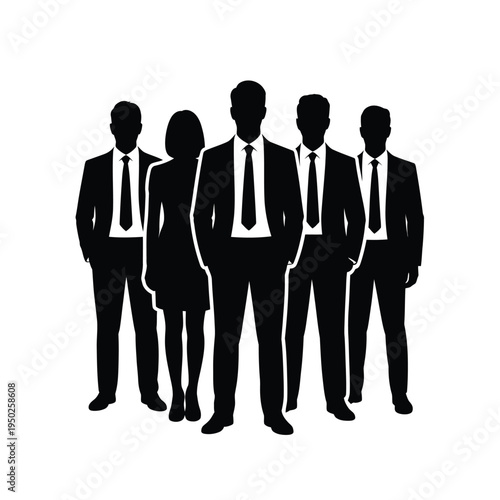 A group of five business professionals in formal attire stand together
