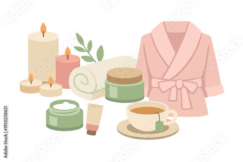 Spa wellness essentials: aromatherapy candles, skincare cream, herbal tea, plush robe, towels