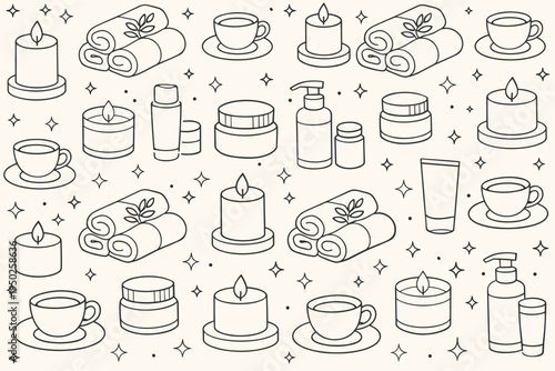 Seamless spa pattern with candles, cups, towels, and bottles