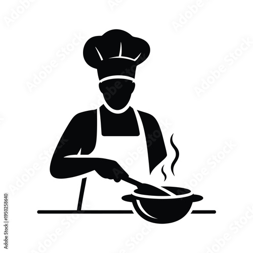 A black silhouette of a chef stirring food in a pot