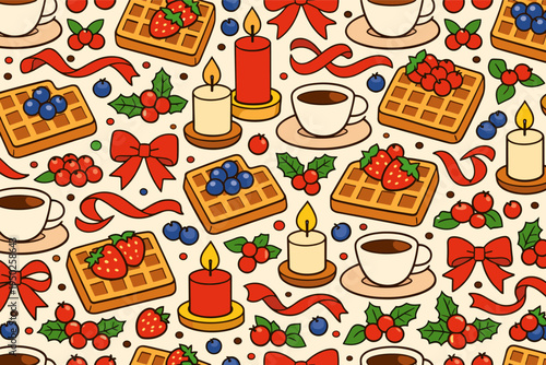 Festive holiday pattern with waffles, candles, coffee cups, and seasonal decorations