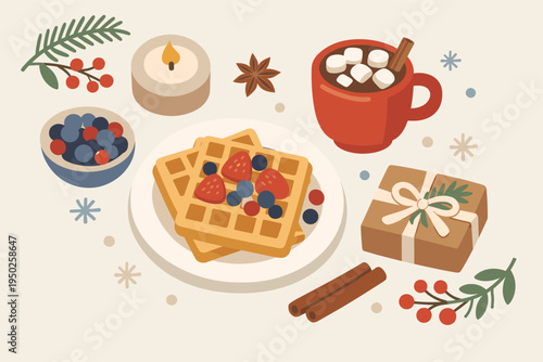 Festive breakfast with waffles, berries, hot cocoa, and gift box