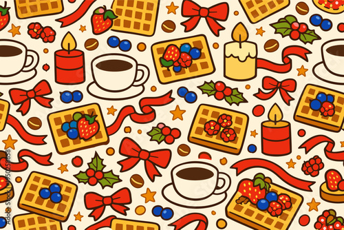 Festive holiday pattern with waffles, berries, candles, and coffee cups