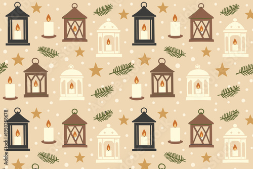 Rustic lanterns and candles seamless pattern with stars and fir branches