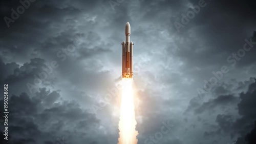 Space exploration commercial ventures. Space innovation. Orbital infrastructure. Aerospace economy. Rocket launching with flames and smoke under a dramatic cloudy sky