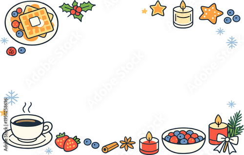 Festive winter breakfast frame with candles, berries, and waffles