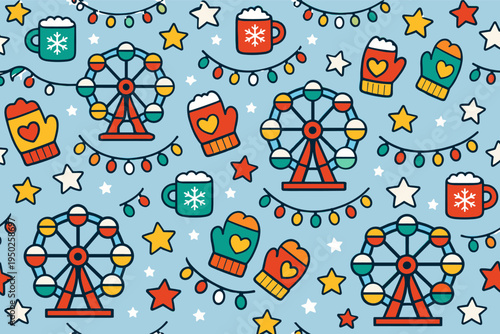 Colorful winter festival pattern with ferris wheels, mittens, and hot cocoa