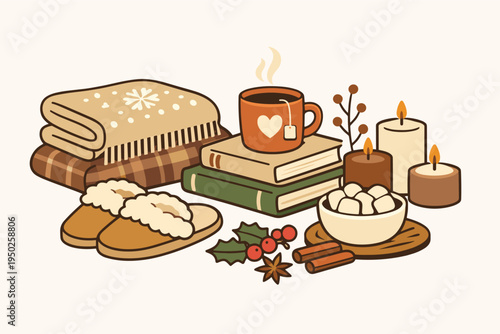 Cozy winter setup with hot drink, books, candles, and slippers