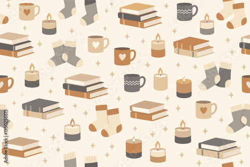 Cozy pattern with books, candles, mugs, and socks in neutral tones