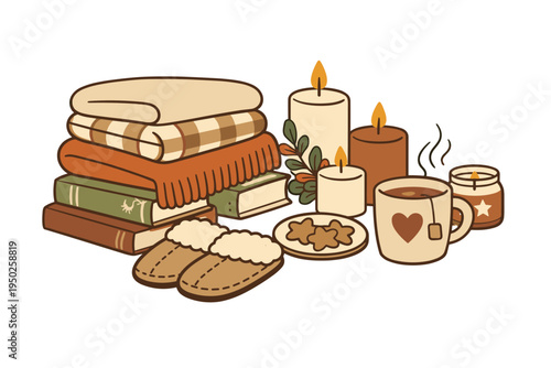 Cozy autumn setup with candles, books, blanket, and warm beverages