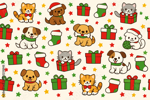 Festive cartoon cats and dogs with christmas gifts and stockings