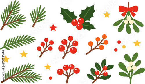 Festive holiday decor elements with holly, mistletoe, and pine branches