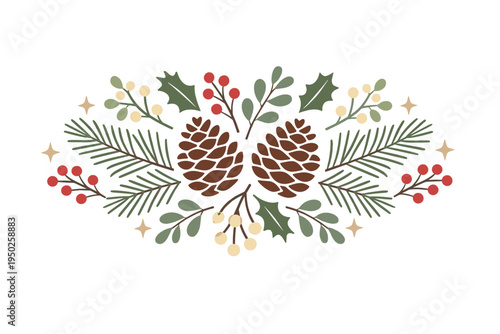 Festive pinecone and berry arrangement with evergreen leaves and holly
