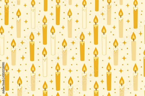 Seamless pattern of lit candles with sparkles on beige background