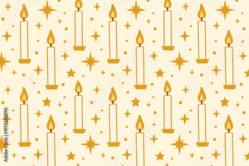 Seamless pattern of candles and stars on beige background for festive decor