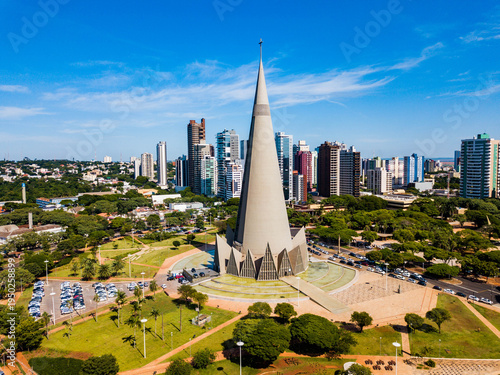Maringá, PR - Aerial view of the Maringá Cathedral and the city center.