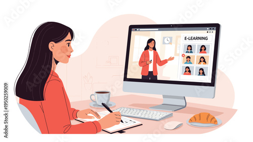 Female student participating in an online e-learning class using a computer while taking notes in her home office.