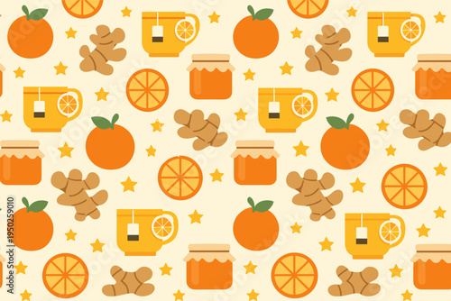 Seamless pattern with oranges, ginger, tea, and jam on cream background