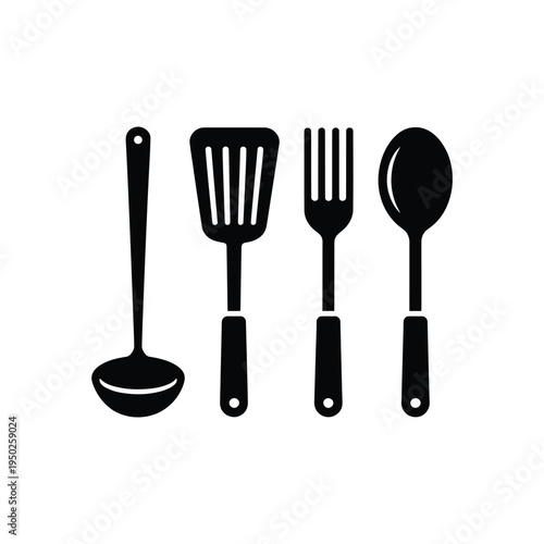 Simple black silhouettes of common kitchen utensils arranged in a row