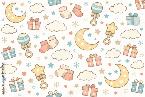 Pastel baby pattern with moons, gifts, socks, and clouds in soft colors