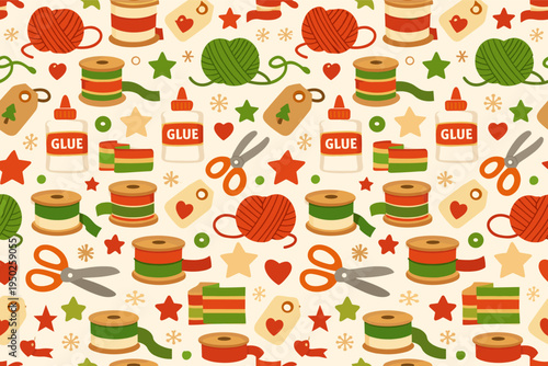 Colorful craft supplies pattern with yarn, scissors, glue, and ribbons